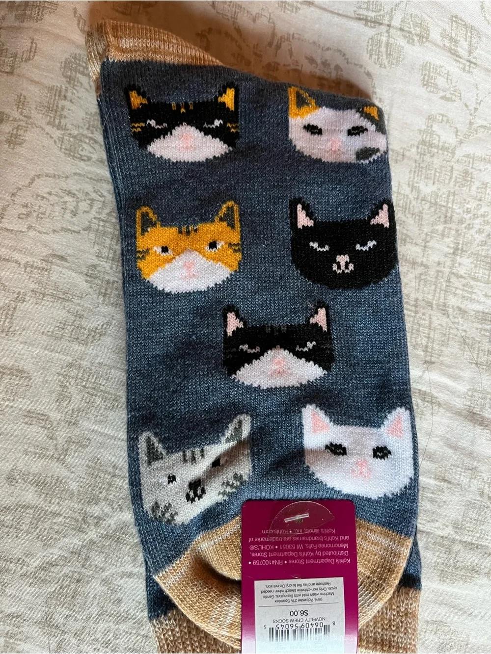 SO Novelty Crew Socks - Blue with Multicolor Cat Faces